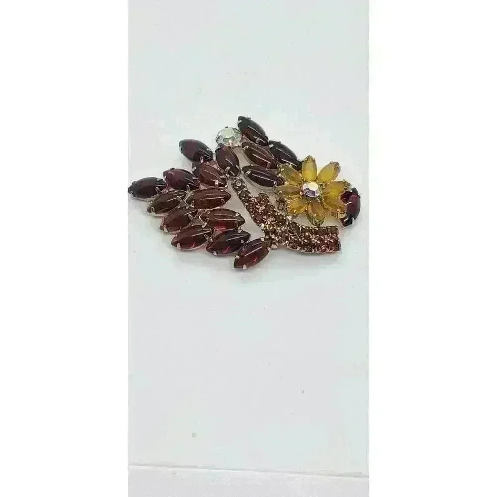 Vintage Rhinestone Brooch Citrine Flower Brown Open Back AB Drama Statement
